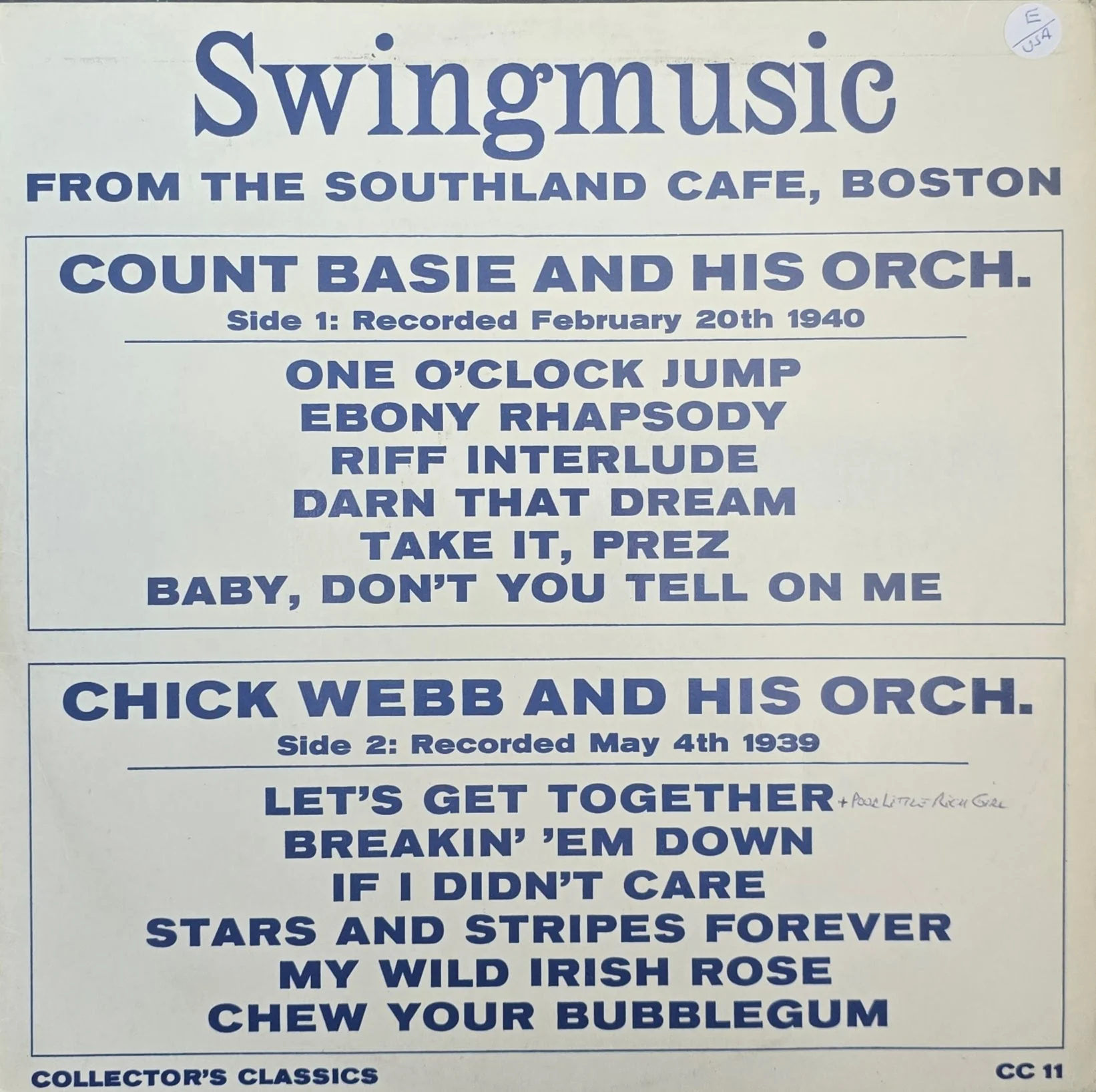 Count Basie And His Orch. / Chick Webb And His Orch. – Swing music From The Southland Cafe, Boston